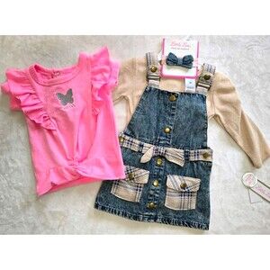 Little Lass Denim Jumper Dress w Headband & DeLiAs Pink Top Baby Girls 18M 4pc